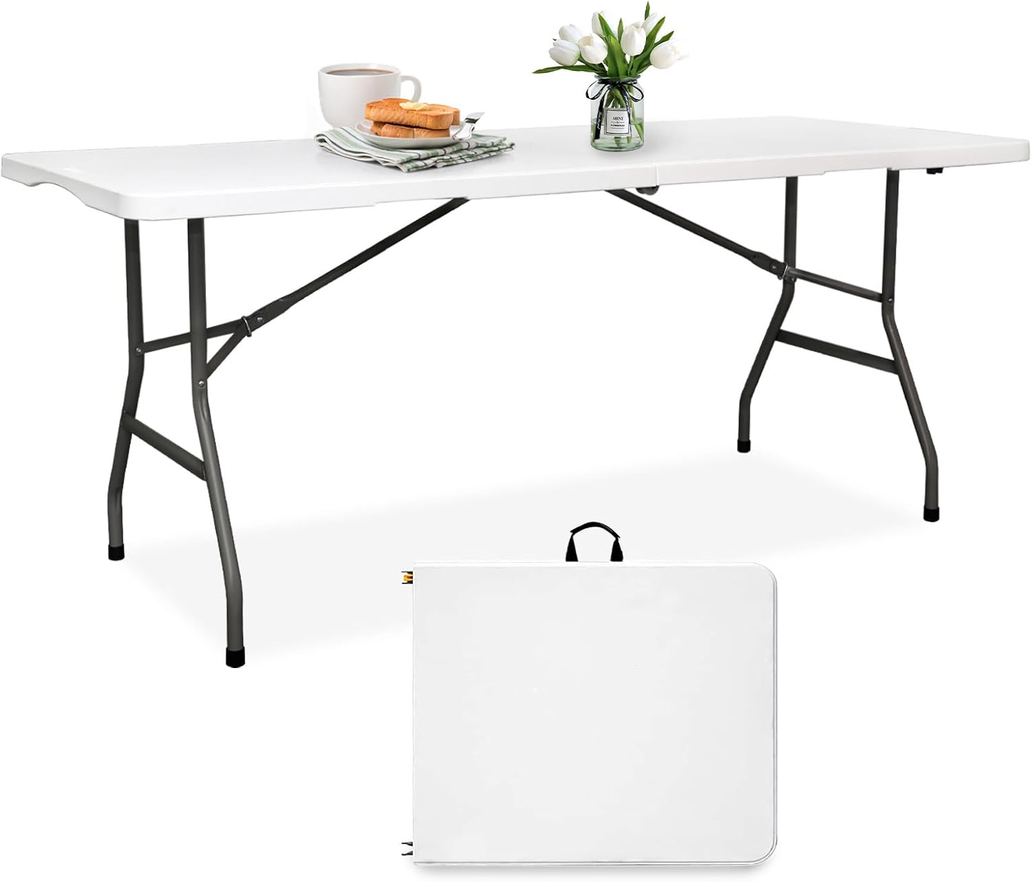517hdRSIwtL._AC_SL1500_.jpg Folding Table 6FT Foldable Table Portable Banquet Surface Fold-in-Half Desk Utility for Working Meeting Parties, Picnic, Camping, Weddings, Catering, Garden Dining-White - Image 1