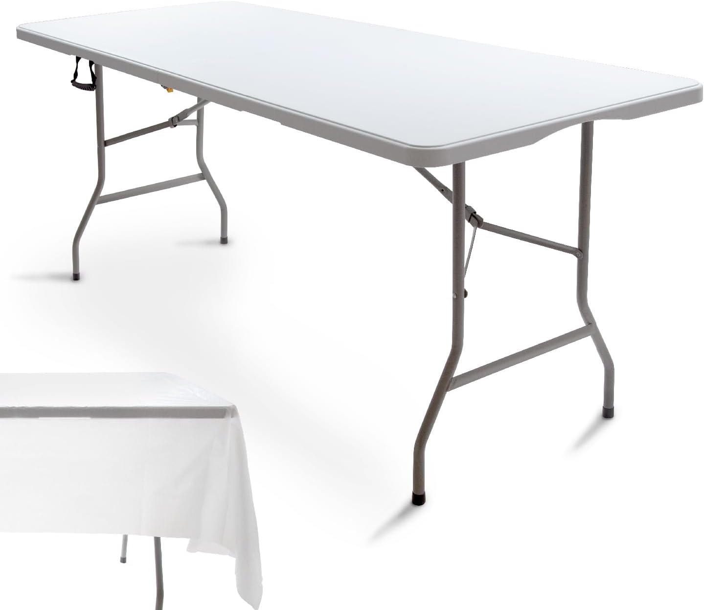 51hlM38ApuL._AC_SL1464_.jpg 6FT Folding Picnic Table Portable Fold-in-Half Plastic Dining Picnic Party Table with Tablecloth, White - Image 1