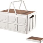 Collapsible Storage Bin with Handles and Wooden Lid, Large Capacity Stackable Utility Crates Holds 33lbs for Outdoor Home Storage Organizing Moving (30L/7.9Gal)