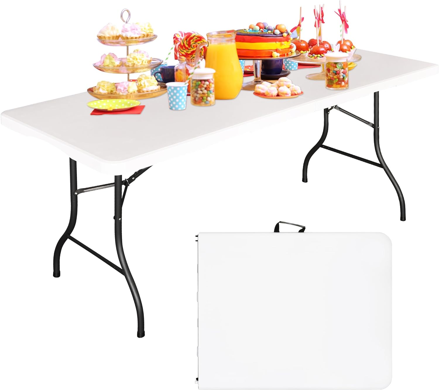 61mv6qAtSEL._AC_SL1500_.jpg 6FT Folding Tables Heavy Duty Folding Table, Multi-Functional Fold up Table for Outdoor Camping Picnic Parties, Indoor Events White Training Table with 330lbs Static Weight Capacity - Image 1