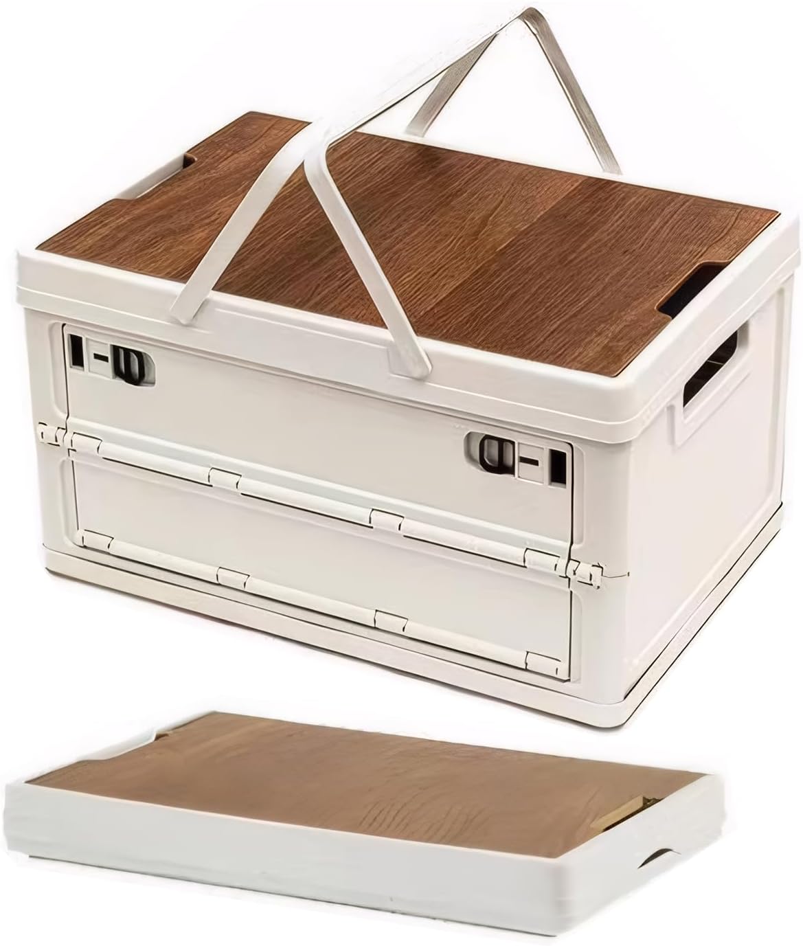61znCTDBZeL._AC_SL1500_.jpg Foldable Storage Box with Wood-Pattern Lid — Fashionable and lightweight PP base, ideal for camping, daily items, snacks, clothing storage, A space-saving organizer with handles. (White, Large) - Image 1