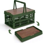 Collapsible Storage Bin with Wooden Lid & Handle, 18L Plastic Crate, Picnic Basket for Camping, for Outdoor & Travel, Green