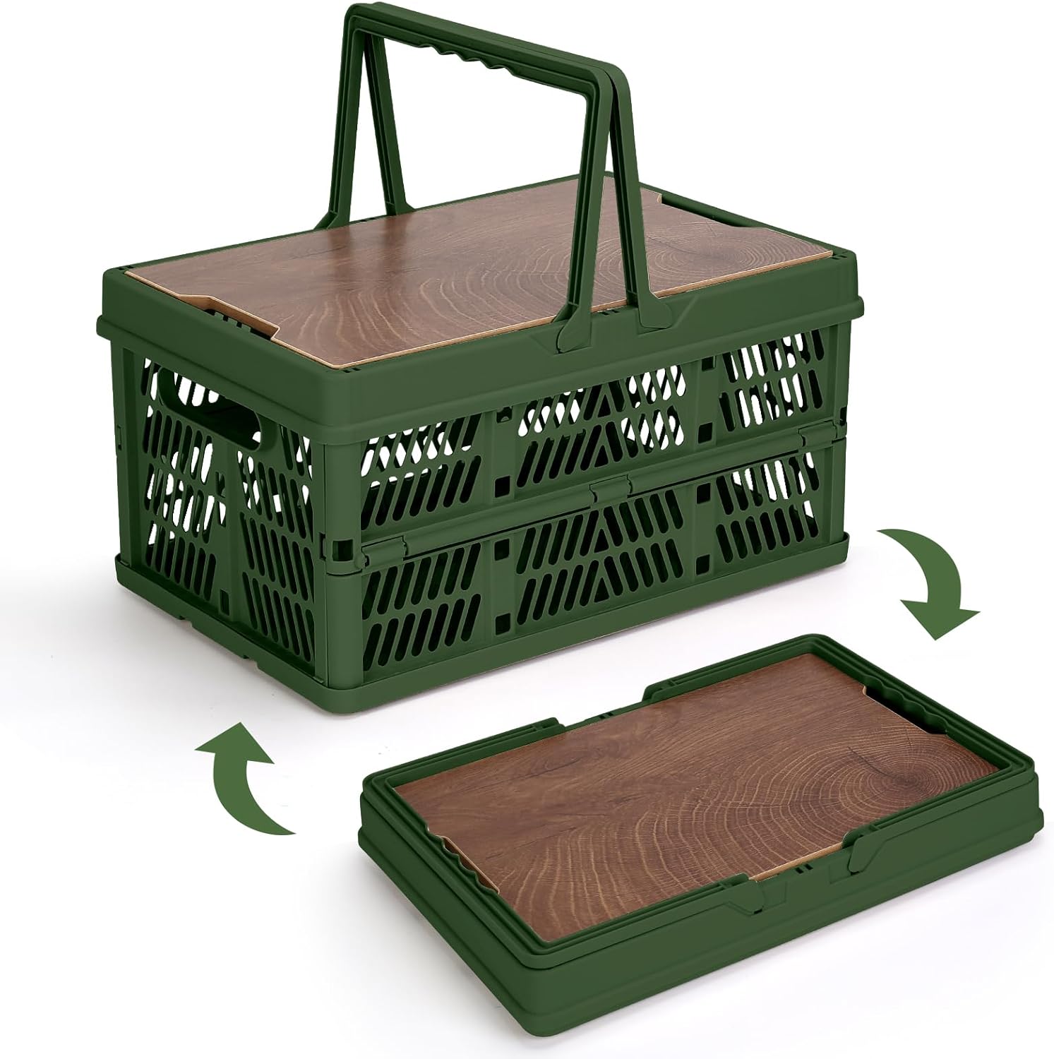 710HH63ej2L._AC_SL1500_.jpg Collapsible Storage Bin with Wooden Lid & Handle, 18L Plastic Crate, Picnic Basket for Camping, for Outdoor & Travel, Green - Image 1