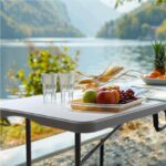 6FT Folding Picnic Table Portable Fold-in-Half Plastic Dining Picnic Party Table with Tablecloth, White - Image 2