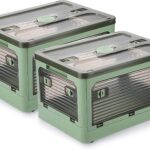 2 Pack Plastic 4 Doors Collapsible Storage Bins with Lid & Wheels, 36 Liters Folding Storage Bins, Stackable Multifunctional Box for Camping Clothes Snack Storage