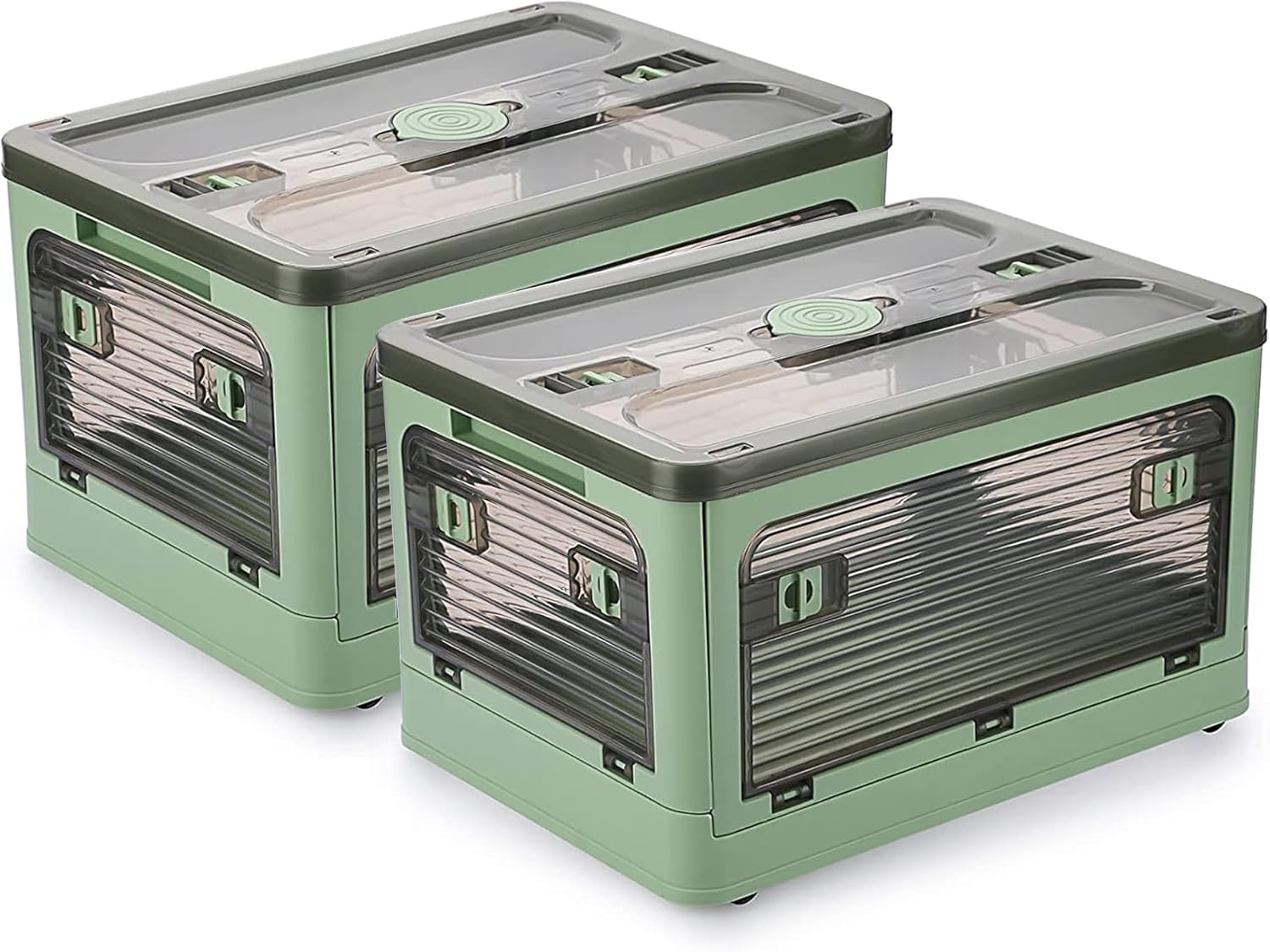 71XSHX8Ed5L._AC_SL1500_.jpg 2 Pack Plastic 4 Doors Collapsible Storage Bins with Lid & Wheels, 36 Liters Folding Storage Bins, Stackable Multifunctional Box for Camping Clothes Snack Storage - Image 1