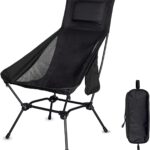 Backpacking Chair, Black Long Backrest with Neck Pillow, Lightweight Foldable Camp Chair, Portable Fully Cushioned Seat with Side Pocket, 330lbs Support for Hiking & Beach
